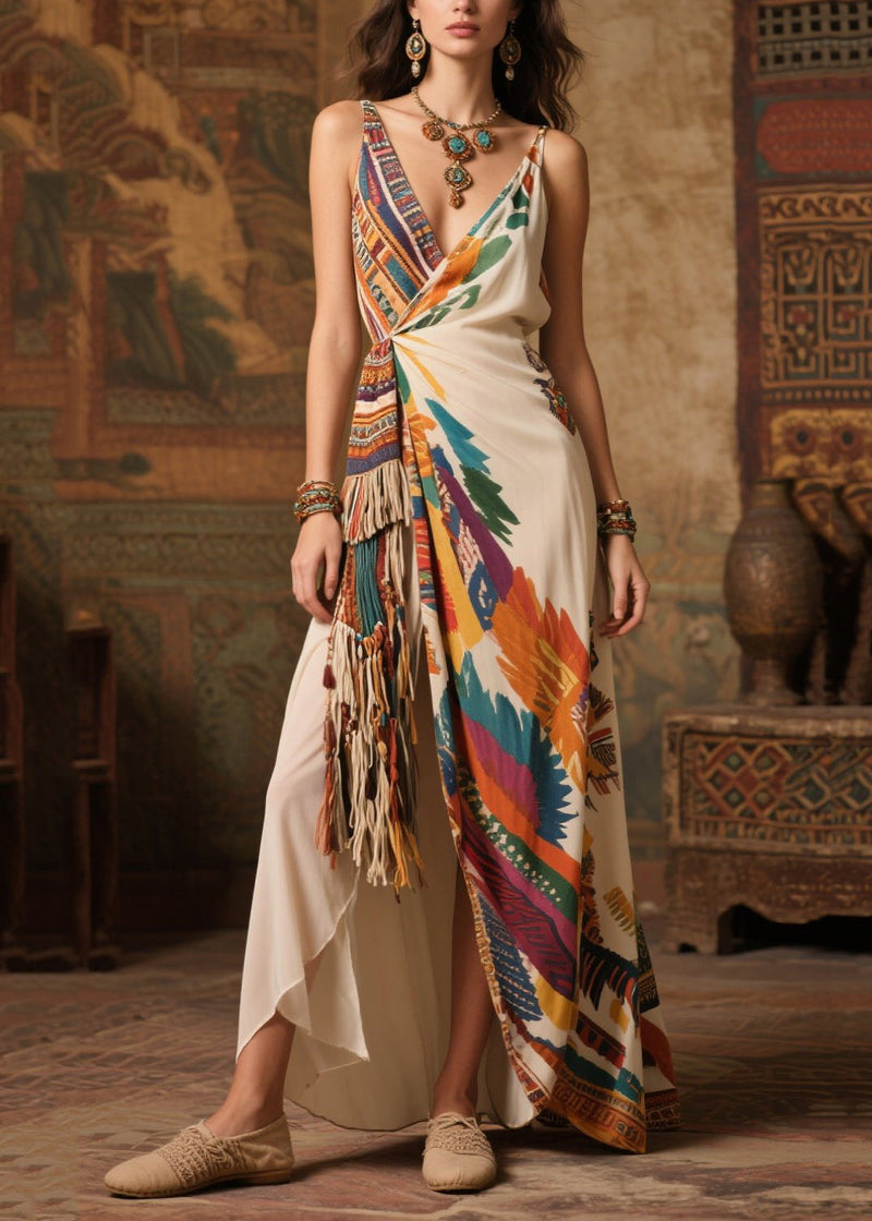 Tasseled Print Side Open Chiffon Holiday Dress Summer