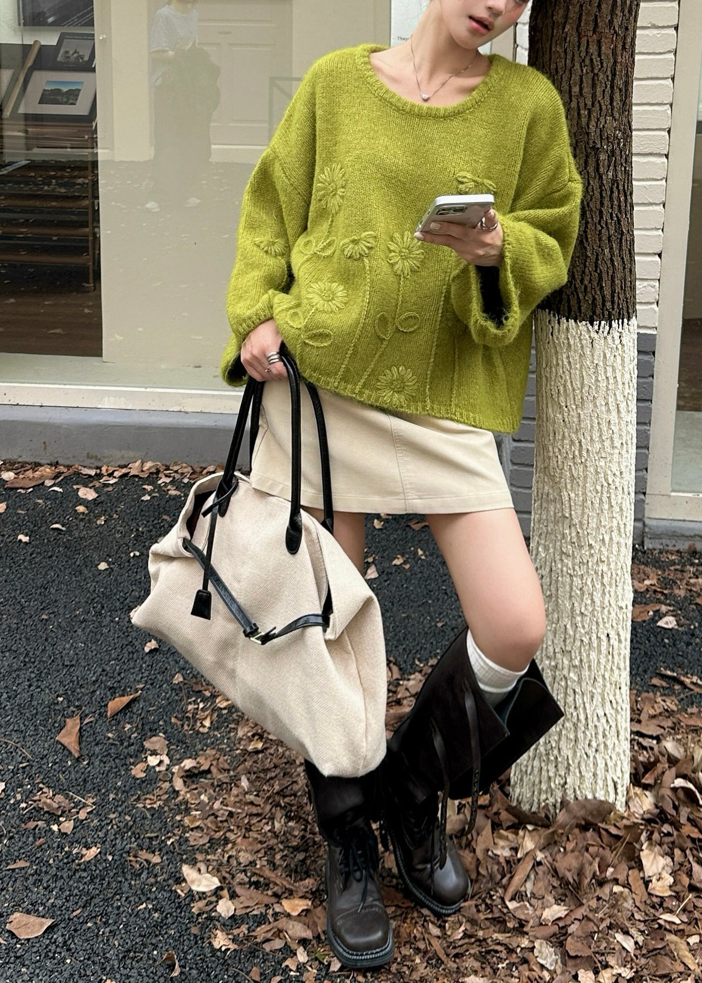 Tea Green Oversized Knit Sweater Winter
