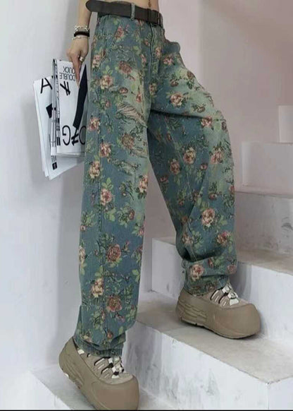 Tea Green Oversized Print Denim Pants Fall