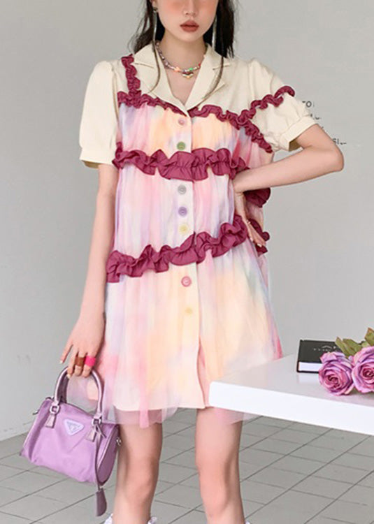 Turtleneck Patchwork Ruffled Button Tulle Shirts Dresses Summer
