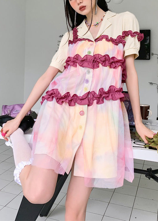 Turtleneck Patchwork Ruffled Button Tulle Shirts Dresses Summer