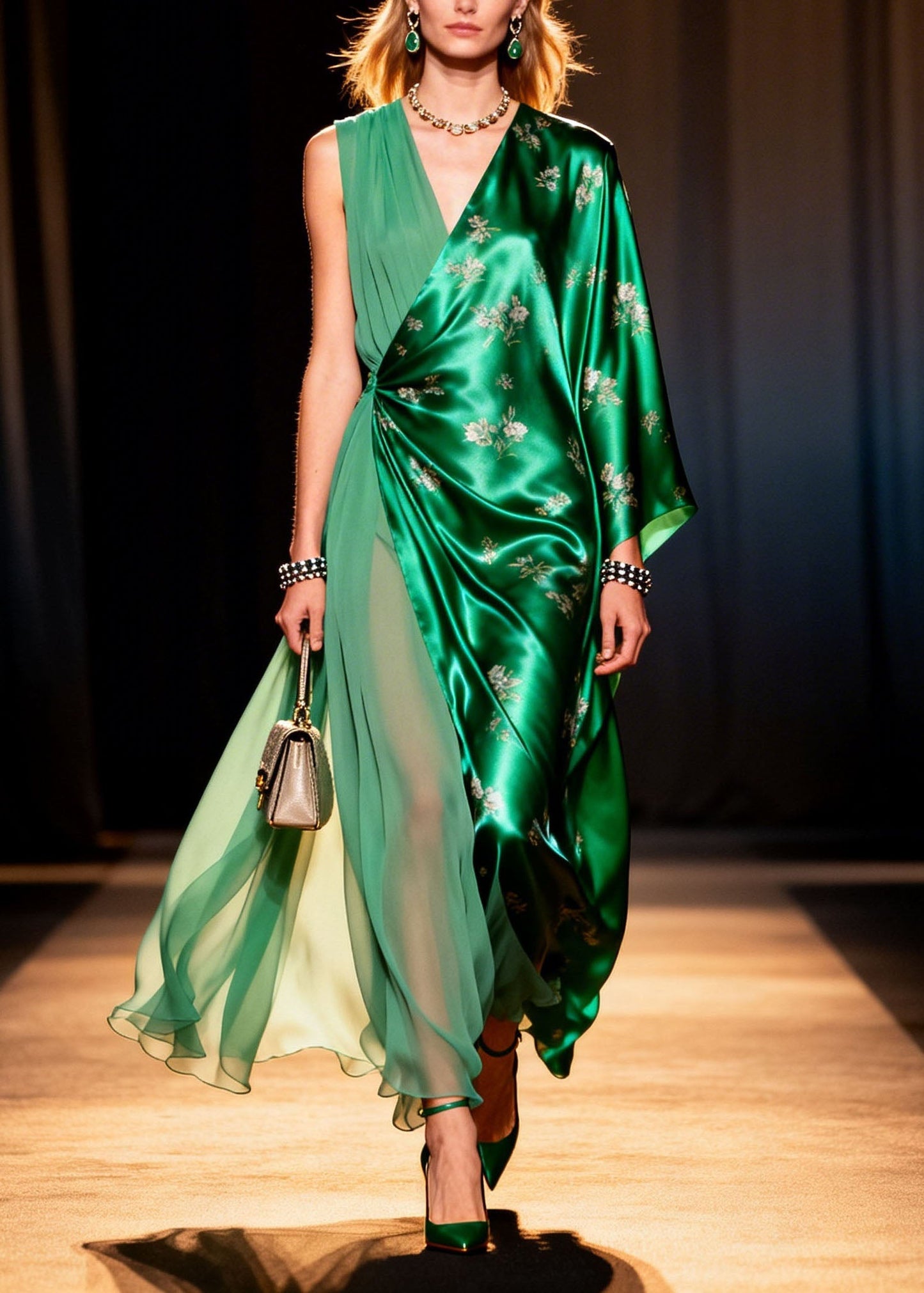 V Neck Asymmetrical Design Print Silk Long Dresses Summer