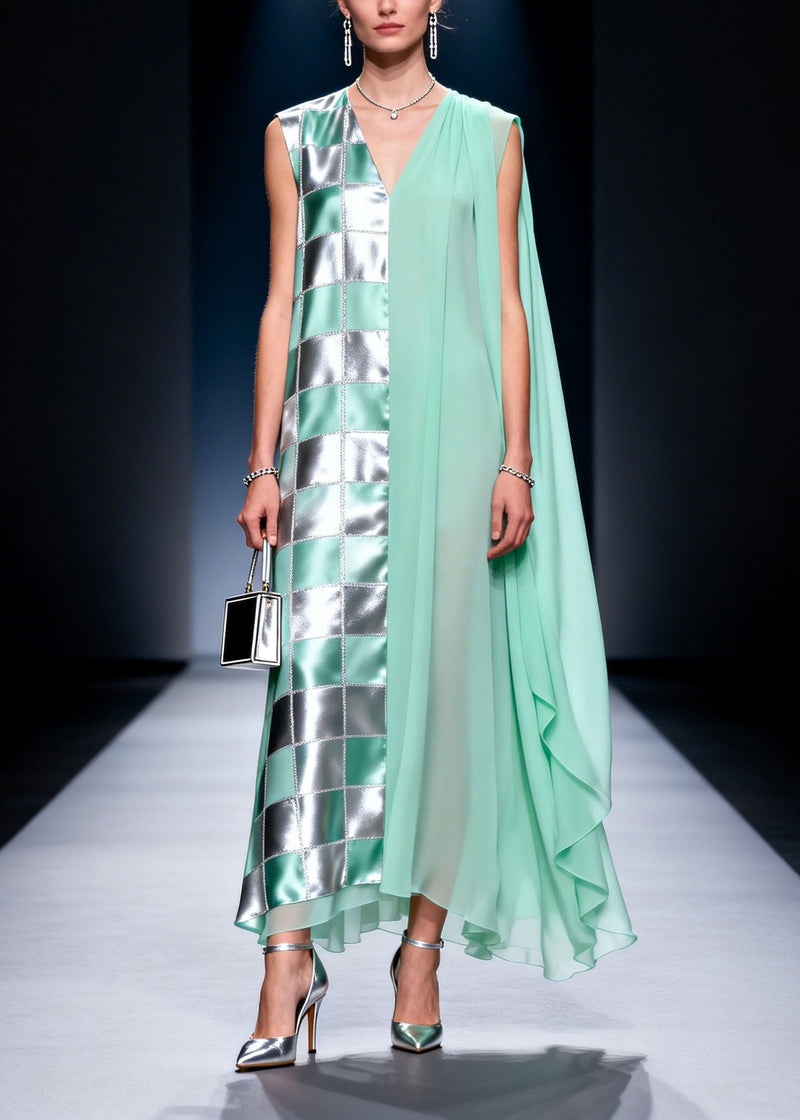 V Neck Plaid Print Chiffon Long Dress Summer