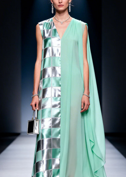 V Neck Plaid Print Chiffon Long Dress Summer