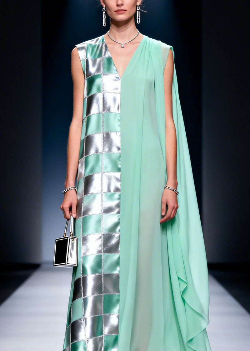 V Neck Plaid Print Chiffon Long Dress Summer
