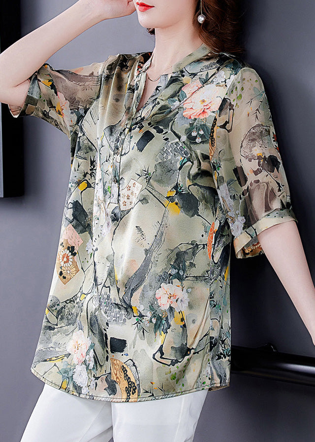 V Neck Print Button Silk Shirts Short Sleeve