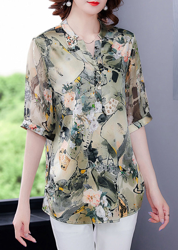 V Neck Print Button Silk Shirts Short Sleeve