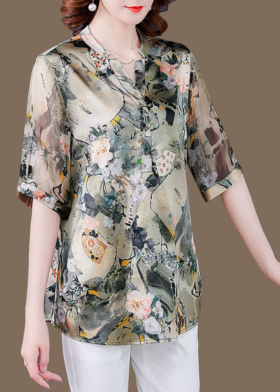 V Neck Print Button Silk Shirts Short Sleeve