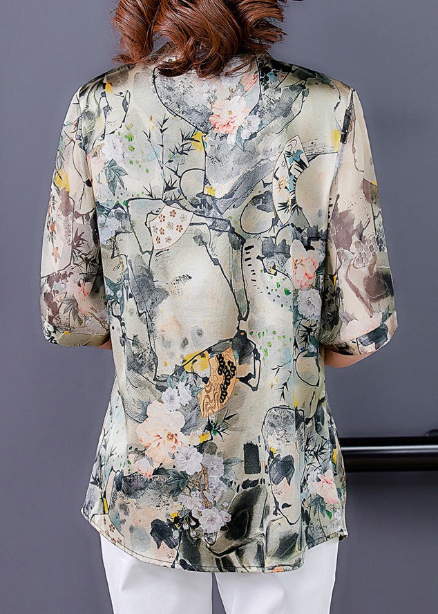 V Neck Print Button Silk Shirts Short Sleeve