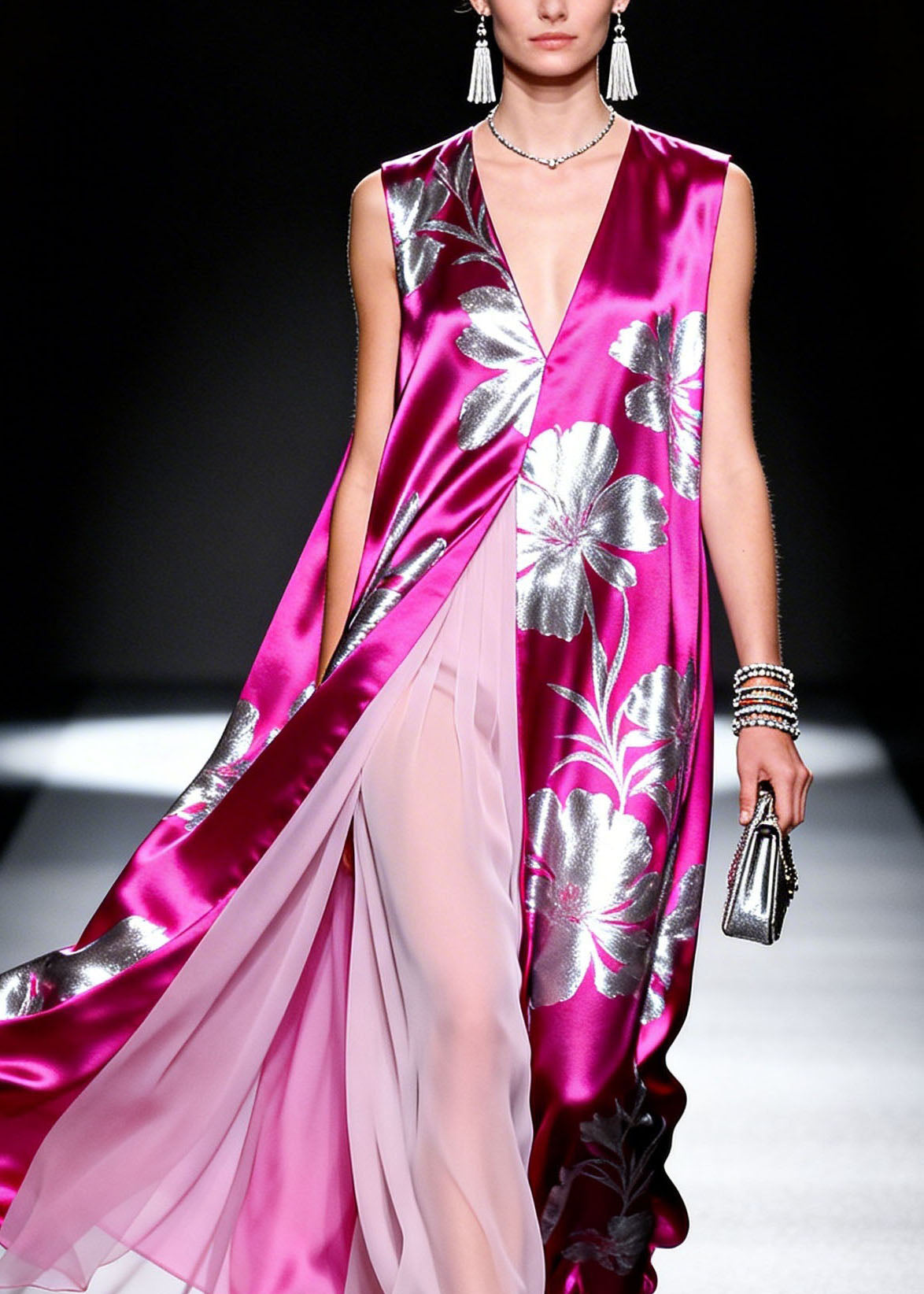 V Neck Print Patchwork Silk Dresses Sleeveless
