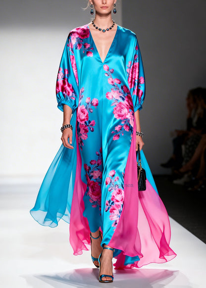 V Neck Print Patchwork Silk Long Dress Summer