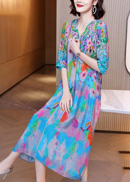 V Neck Print Silk Long Dresses Half Sleeve