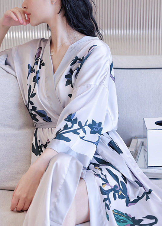 V Neck Print Tie Waist Ice Silk Maxi Robe Long Sleeve