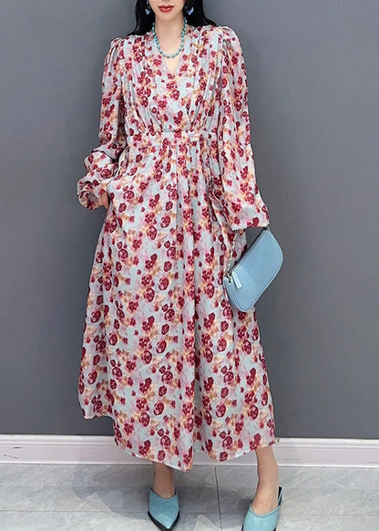 V Neck Print Tie Waist Long Dress Spring