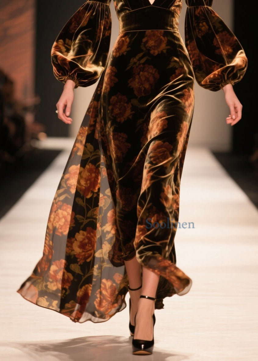 V Neck Print Velvet Ankle Dress Lantern Sleeve