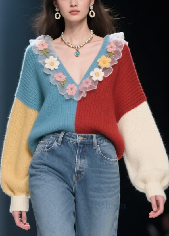 V Neck Ruffled Knit Sweaters Winter
