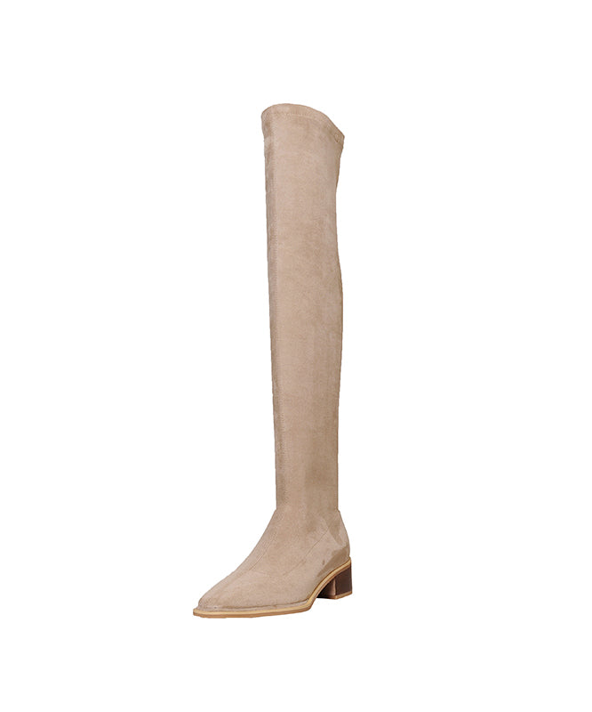 Versatile Black Elastic Fabric Chunky Knee Boots
