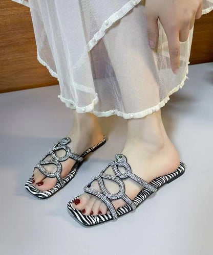Versatile Black Zircon Peep Toe Slide Sandals