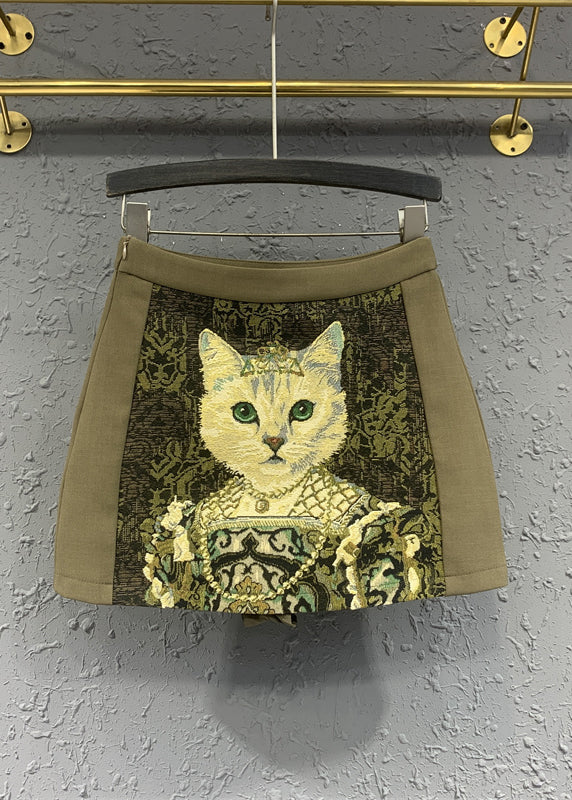 Versatile Coffee Animal Embroidered Cotton Skirts Autumn