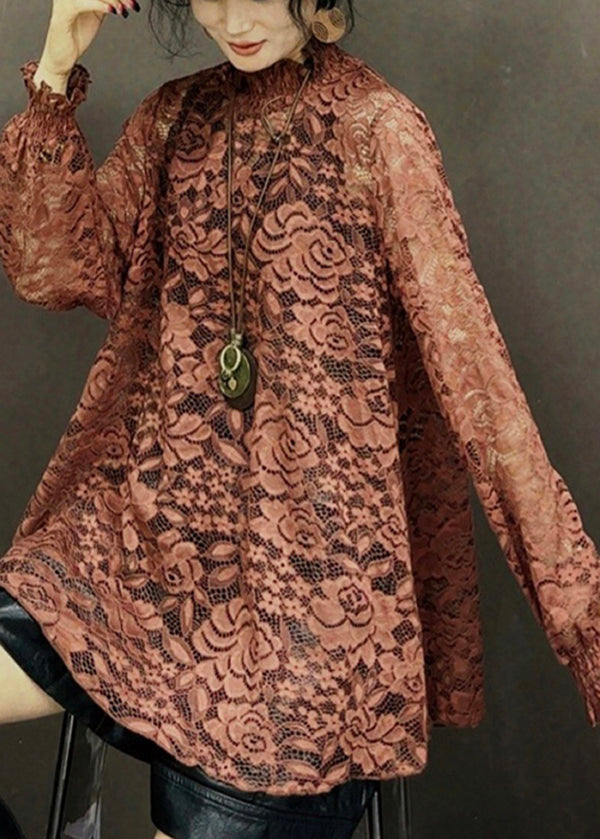 Versatile Korean Fit Long Sleeve Coffee Lace Top