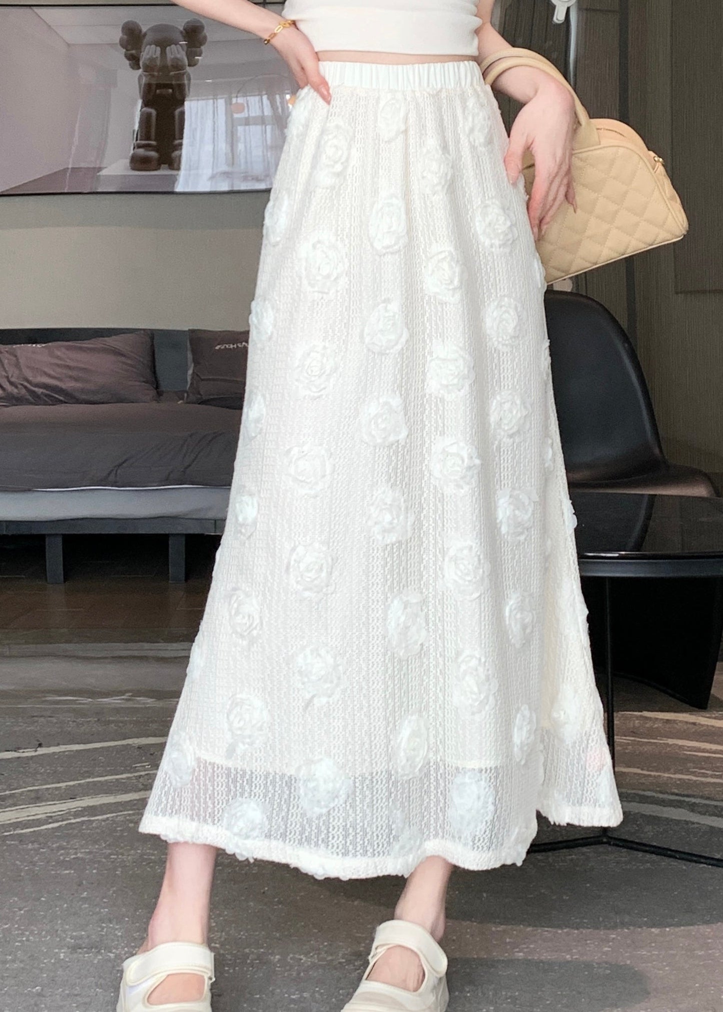 Versatile White Elastic Waist Cotton Skirt Spring