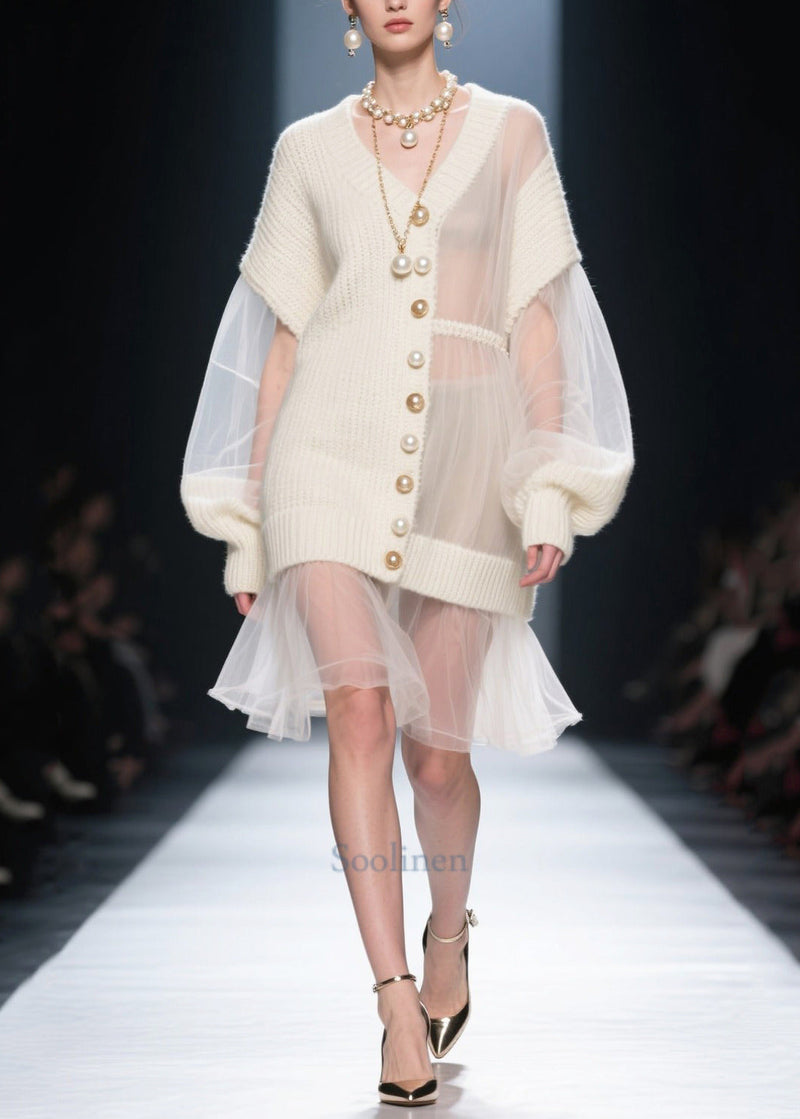 White Asymmetrical Patchwork Tulle Knitwear Dress Fall