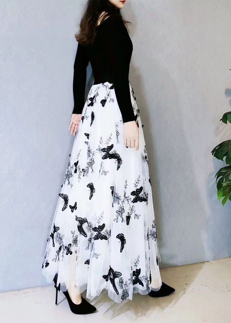 White Butterfly Embroideried Exra Large Hem Loose Tulle Skirt Spring
