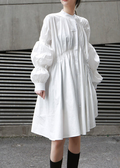 White Cinched Asymmetrical Design Cotton Dress Fall