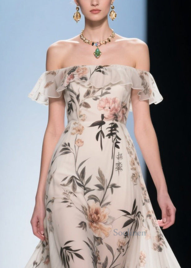 White Cold Shoulder Print Chiffon Maxi Dress Summer