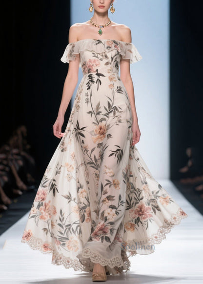 White Cold Shoulder Print Chiffon Maxi Dress Summer