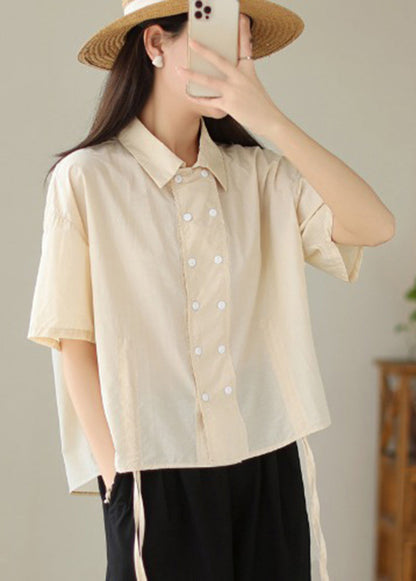 White Double Breast Drawstring Cotton Shirt Tops Summer
