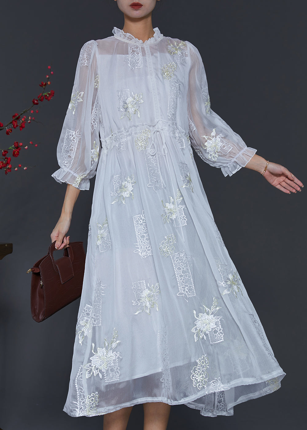 White Embroidered Silk Cinched Dresses Summer