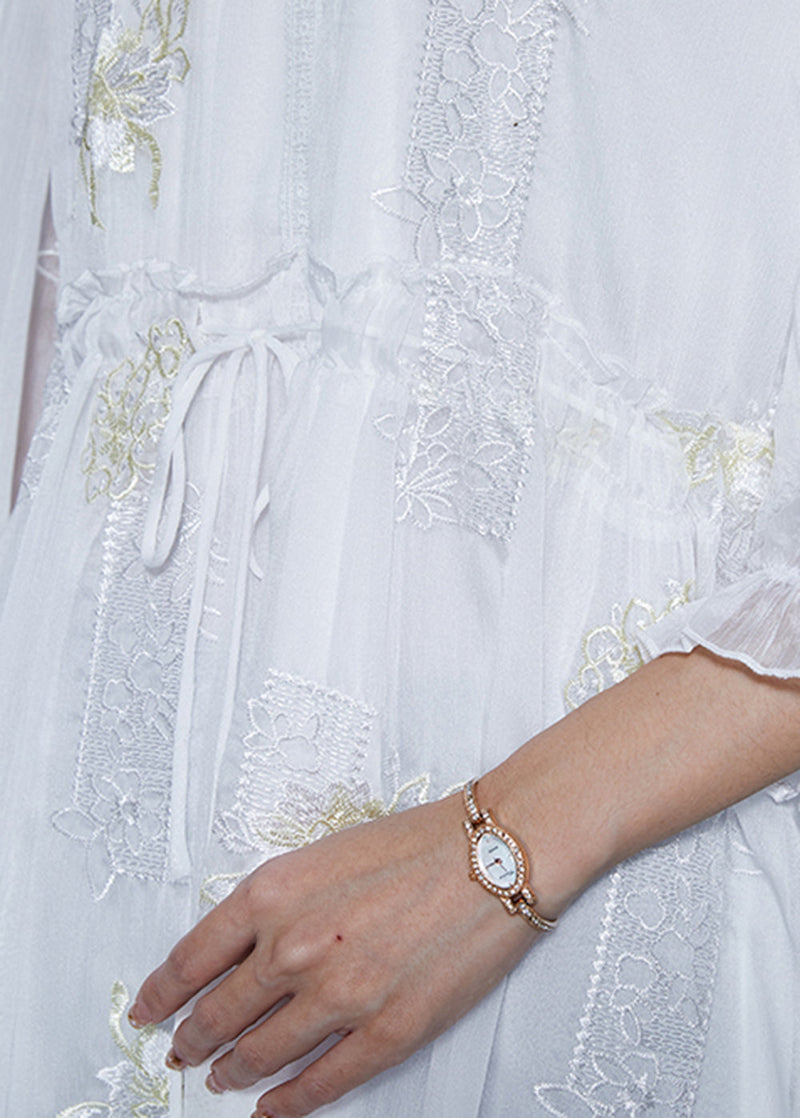White Embroidered Silk Cinched Dresses Summer