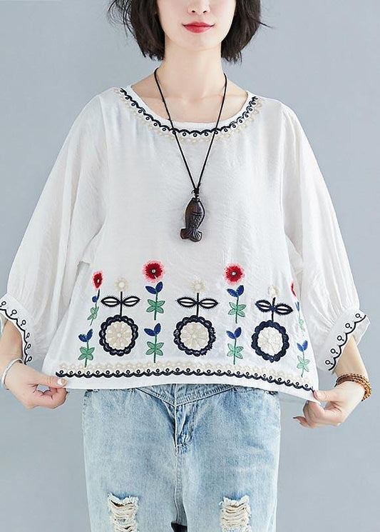 White Embroideried Batwing Sleeve Shirt Tops Summer Cotton Linen