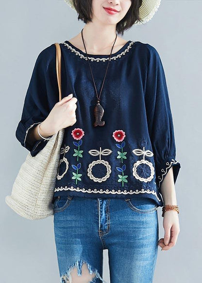 White Embroideried Batwing Sleeve Shirt Tops Summer Cotton Linen