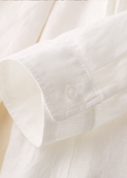 Fashion White Embroideried Low High Design Cotton Linen Long Shirt Top Long Sleeve