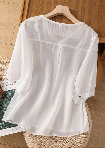 White Embroideried Patchwork Lace Linen Shirt Short Sleeve