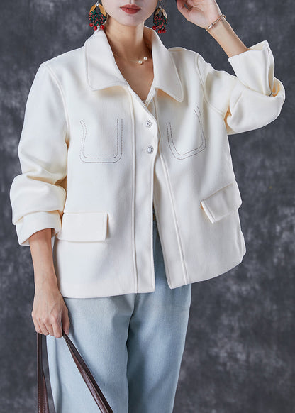 White Embroidered Woolen Coat Fall