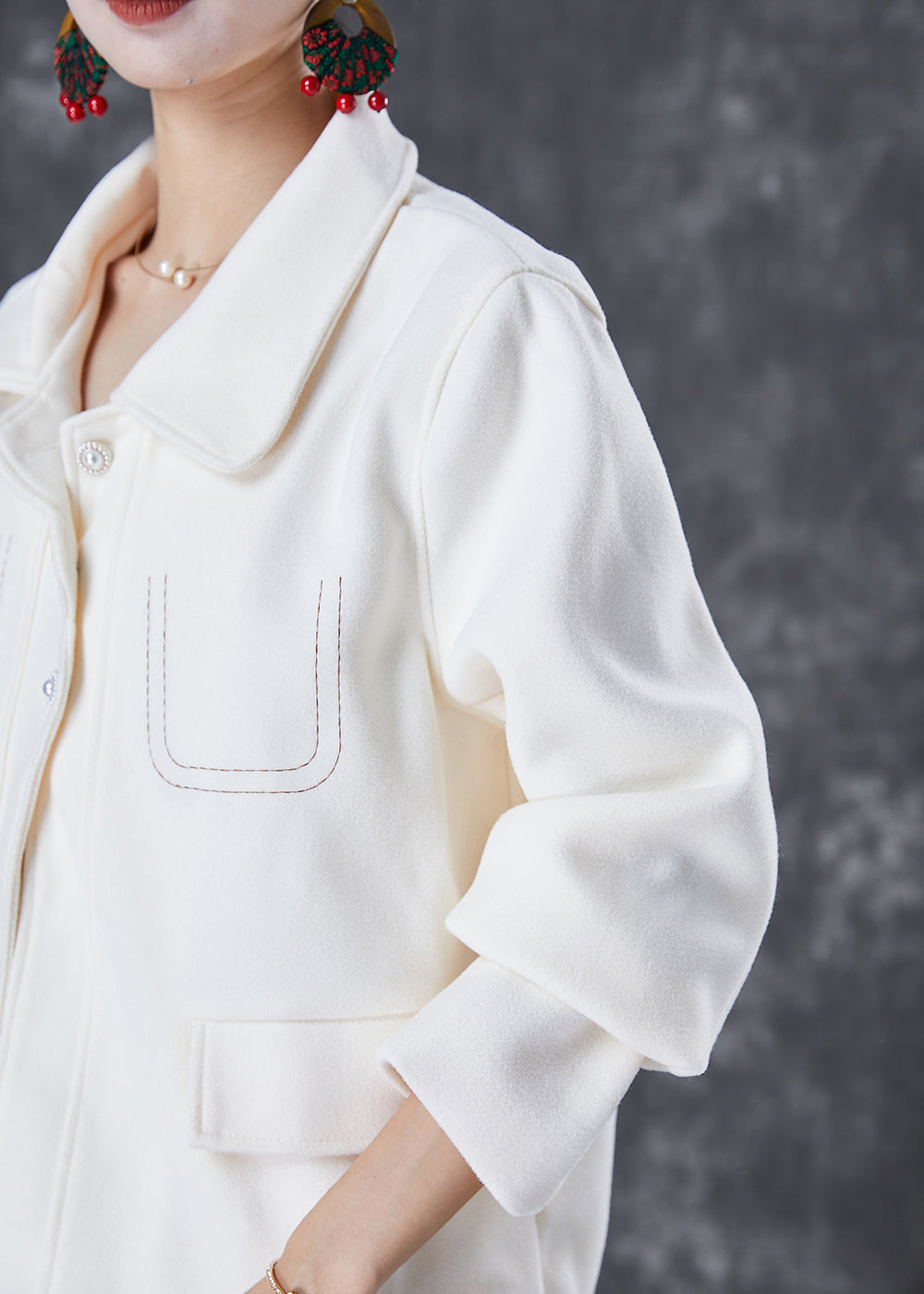 White Embroidered Woolen Coat Fall