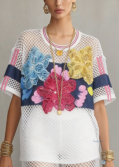 White Floralhollow Out T Shirts Short Sleeve