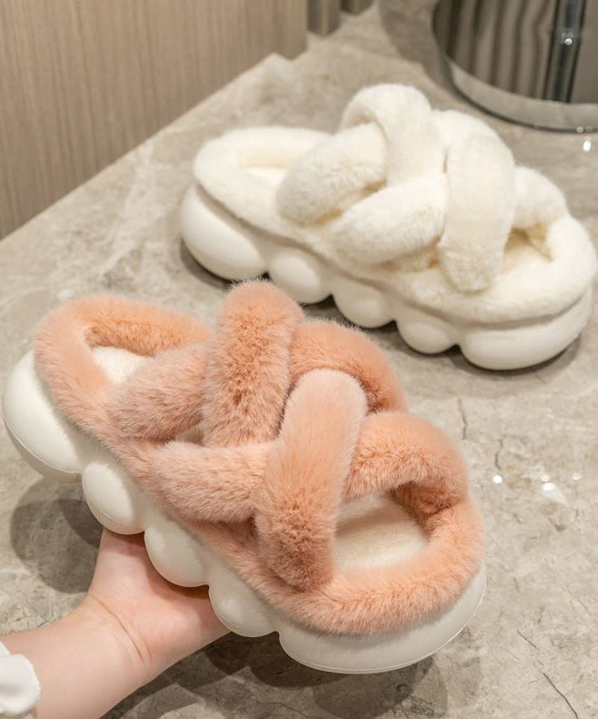 White Fuzzy Fur Slippers Shoes Platform