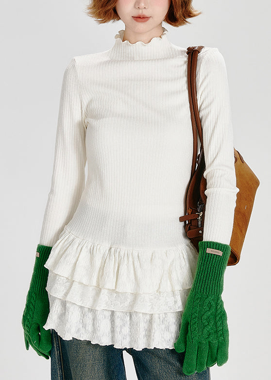 White Hign Neck Ruffled Patchwork Cotton Top Spring
