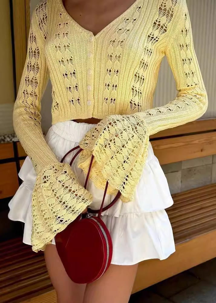 Fashion White Hollow Out Knit Shirts Flare Sleeve