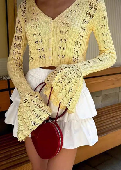 Fashion White Hollow Out Knit Shirts Flare Sleeve