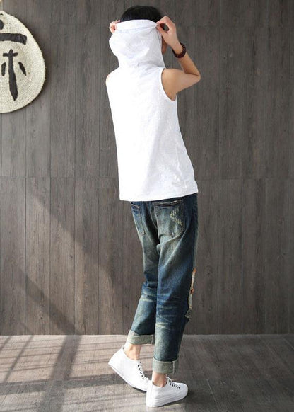 White Hooded Asymmetrical Design Summer Cotton Top Sleeveless
