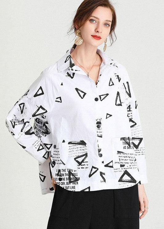 Fashion White Loose Fashion Print Fall Cotton Long Sleeve Shirt Top