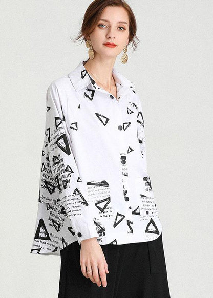 Fashion White Loose Fashion Print Fall Cotton Long Sleeve Shirt Top