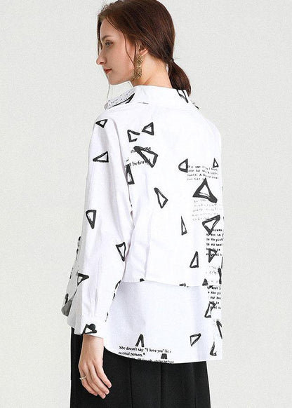 Fashion White Loose Fashion Print Fall Cotton Long Sleeve Shirt Top