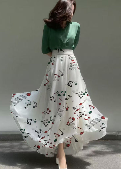 White Musical Note Print Chiffon Skirts Holiday Summer