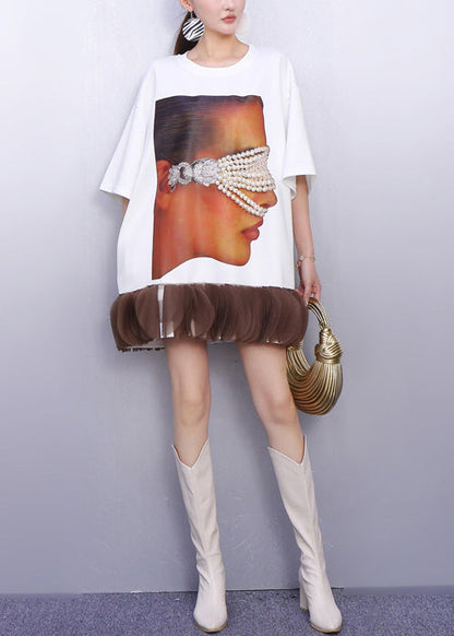 White Nail Bead Patchwork Cotton Mini Dress Summer